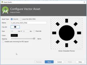 Vector Asset gewählt, Einstellungen setzen