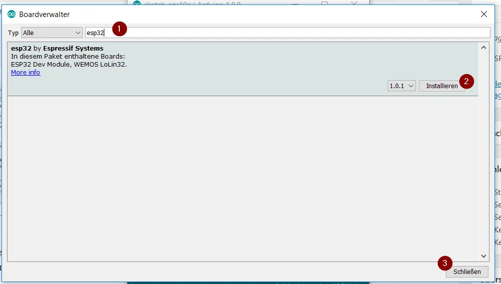 Arduino IDE - board manager, install ESP32