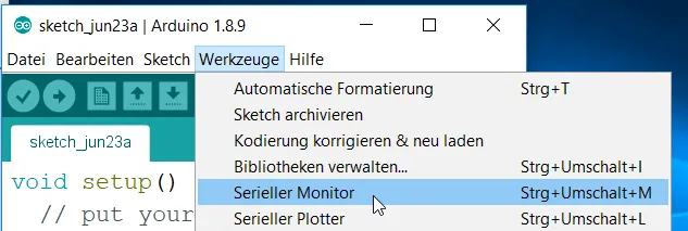 Menüpunkt aus dem Hauptmenü zum öffnen des seriellen Monitors