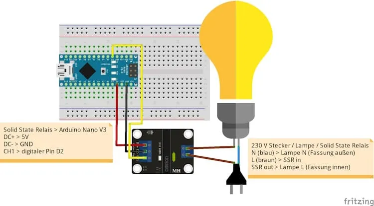 Aufbau der Schaltung - Solid State Relais am Arduino Nano mit einer 230V Glühbirne