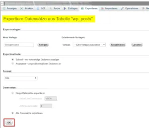 exportieren einer Tabelle über phpMyAdmin