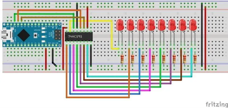 Aufbau der Schaltung - Schieberegister am Arduino Nano V3.0