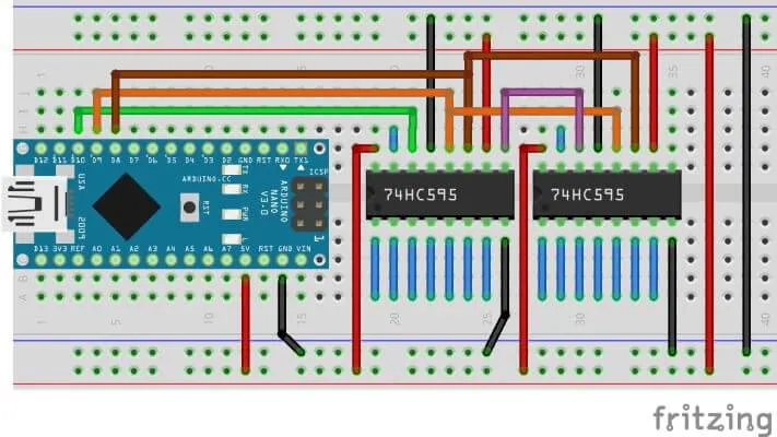 zwei Schieberegister /4HC595 am Arduino Nano