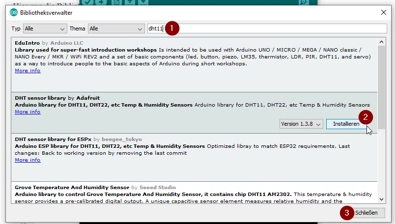 Bibliotheksverwalter - installieren der Adafruit DHT11 Bibliothek