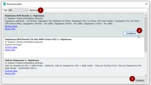 installieren der Treiber für den ATtiny167 über den Boardverwalter der Arduino IDE
