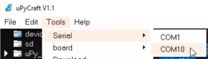 uPyCraft, Serial > COM10