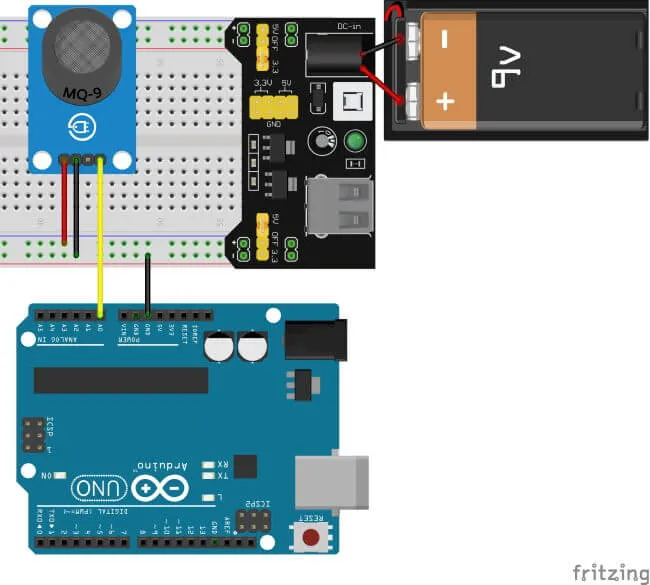 Aufbau der Schaltung - Gas Sensor MQ-9 am Arduino UNO