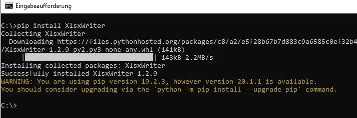Installieren von der Bibliothek XlsxWriter auf der Kommandozeile
