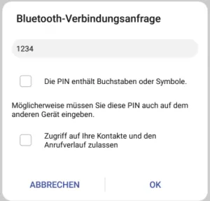 eingeben des Passwortes für den Aufbau der Verbindung (Pairing)