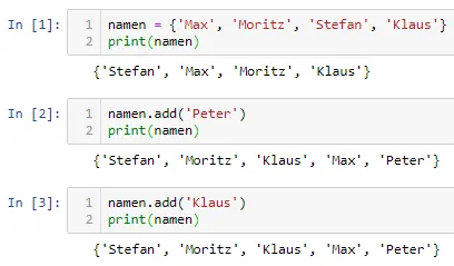 Python3 - Set, hinzufügen von Elementen