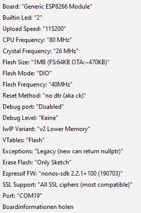 Einstellungen des NodeMCU Dev Kits in der Arduino IDE