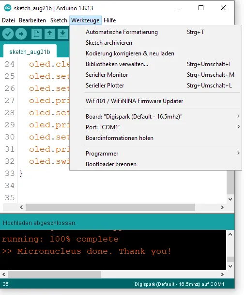 Einstellungen für den DigiSpark ATtiny85 in der Arduino IDE