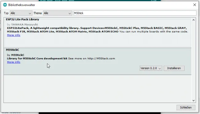Bibliothek - M5StickC im Bibliotheksverwalter der Arduino IDE
