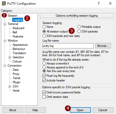 aktivieren des Session Loggings in Putty