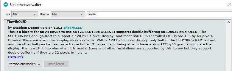 Tiny4kOLED Bibliothek im Bibliotheksverwalter der Arduino IDE