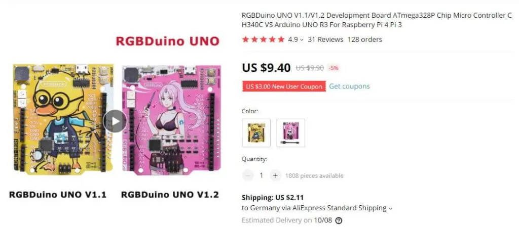Artikelbeschreibung des Microcontrollers RGBDuino UNO auf aliexpress.com
