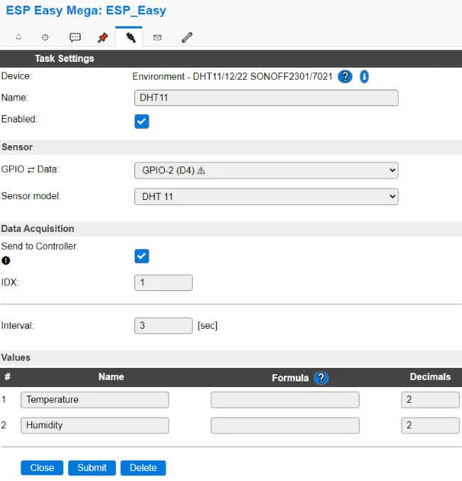 ESP Easy - Konfiguration für den DHT11 Sensor am Wemos D1 Mini