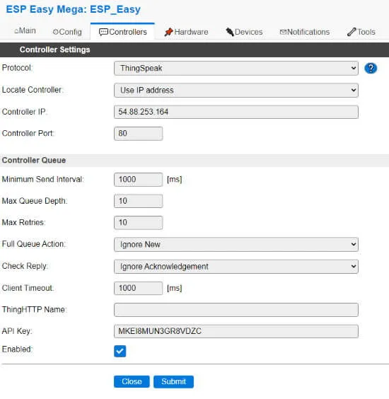 Konfiguration für ThingSpeak.com in ESP Easy
