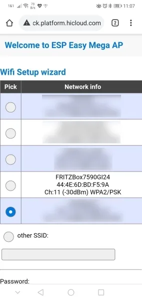Auswahl des lokalen WiFi Netzwerkes im Wizard