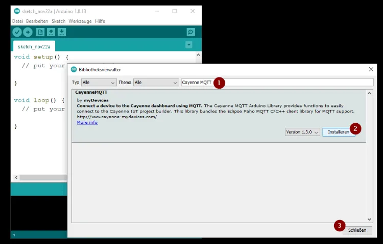 Arduino IDE - Bibliotheksverwalter - installieren der Bibliothek von Cayenne