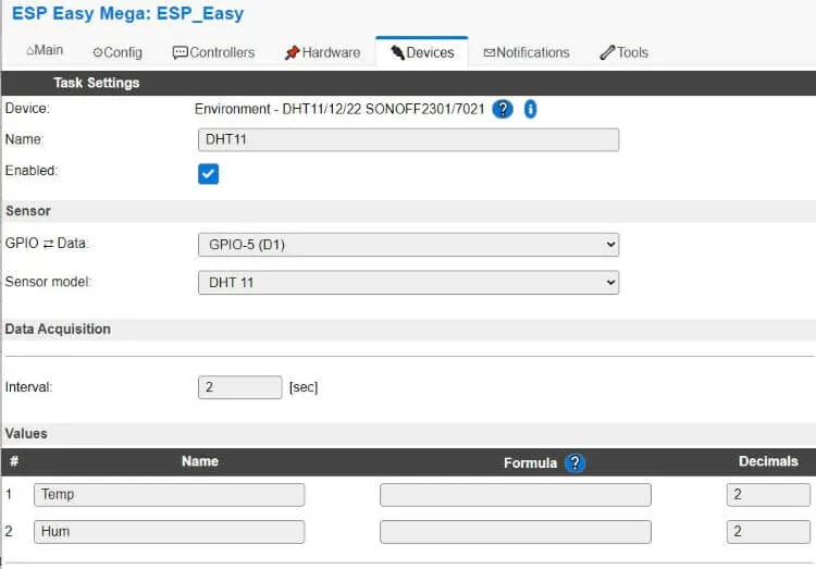 ESP Easy - DHT11 Einstellungen