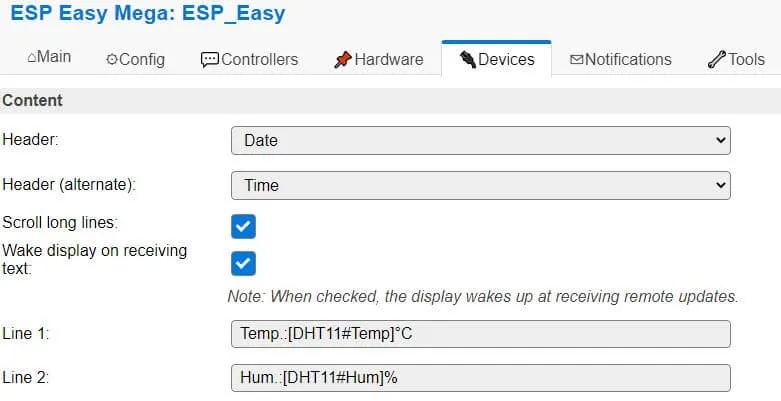 ESP Easy - Einstellungen für das schreiben der Werte auf das Display