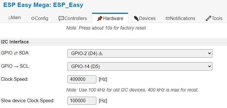 ESP Easy - Einstellungen für die I2C Pins
