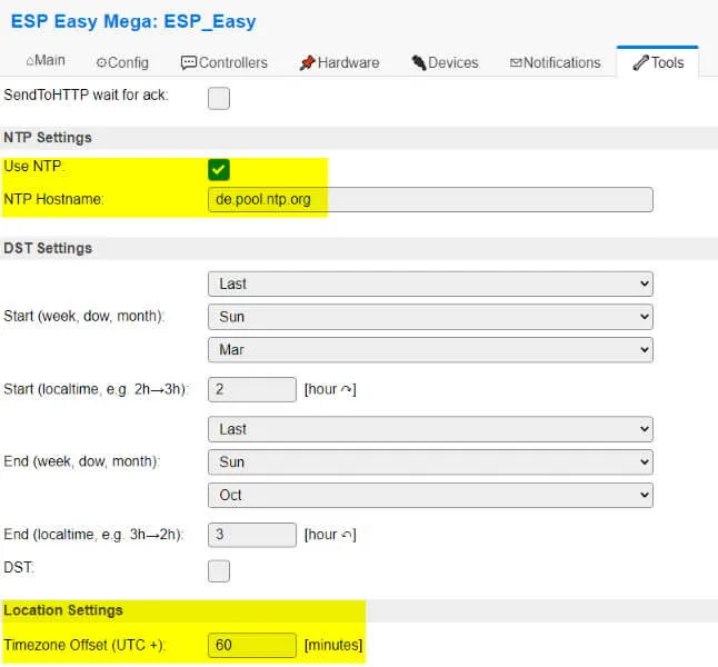 ESP Easy - NTP Server Einstellungen