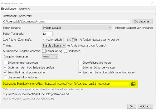 Arduino IDE - Voreinstellungen, URL für ESP32