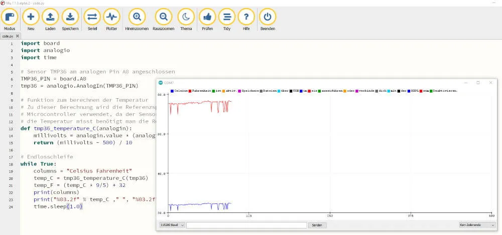Ausgabe der Temperaturwerte im seriellen Plotter der Arduino IDE