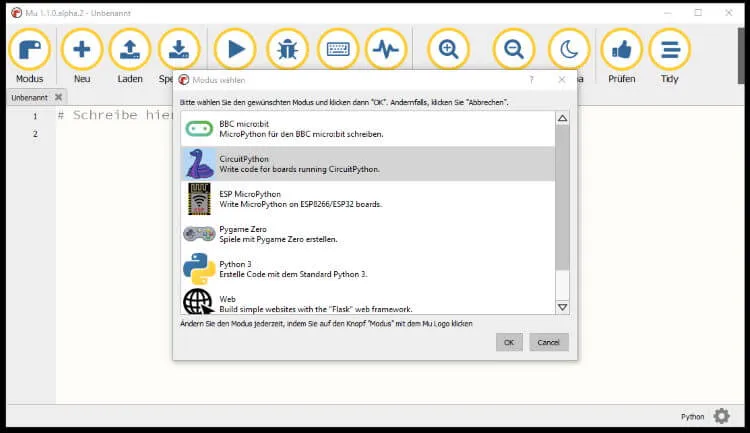 Editor Mu - wählen des Modus