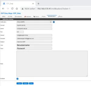 einrichten einer E-Mail Notification in ESPeasy