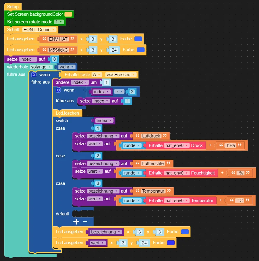 erweitertes Programm zum Anzeigen der Messwerte des ENV HAT auf dem M5StickC