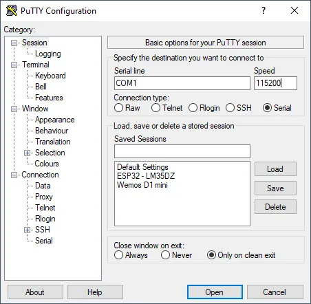 Putty - Konfiguration für den SAMD21