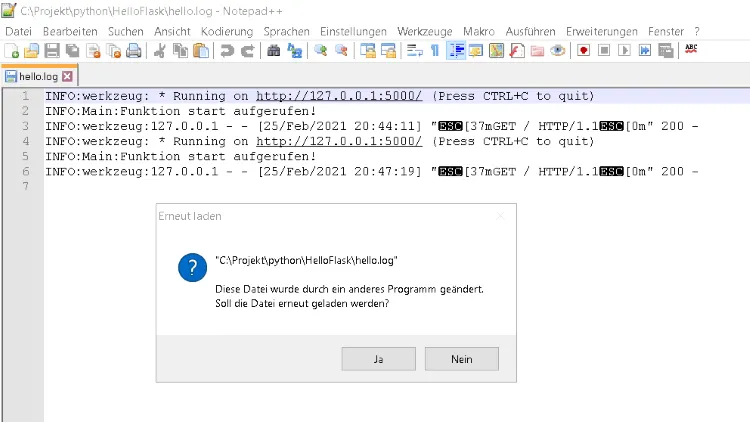 Hinweis auf Änderung in einer Logdatei in Notepad++
