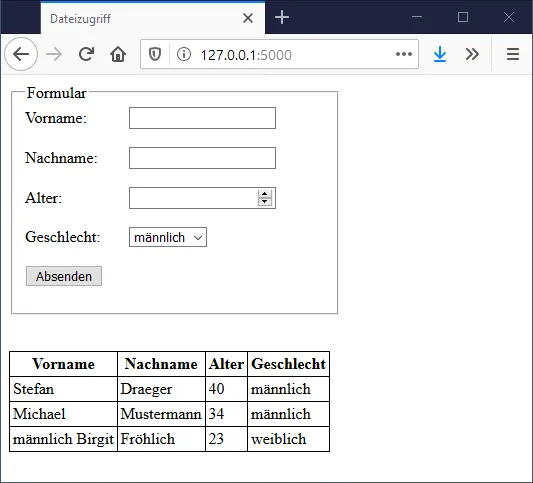 Python Flask - speichern & anzeigen von Daten aus einer CSV Datei