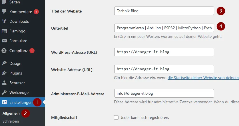 WordPress - Einstellungen, Allgemein - Titel & Untertitel ändern