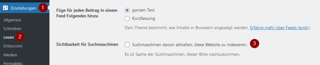 WordPress Einstellung für das Indexieren der Seite von Crawler