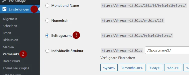 WordPress - Einstellung der Permalinks auf 