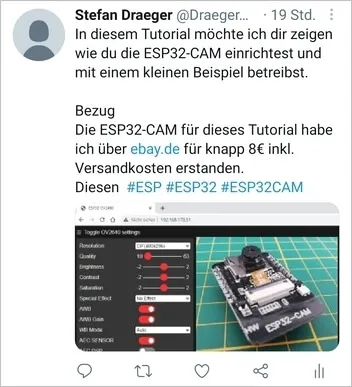 Beitrag auf Twitter zur ESP32-CAM Beitrag auf Twitter zur ESP32-CAM