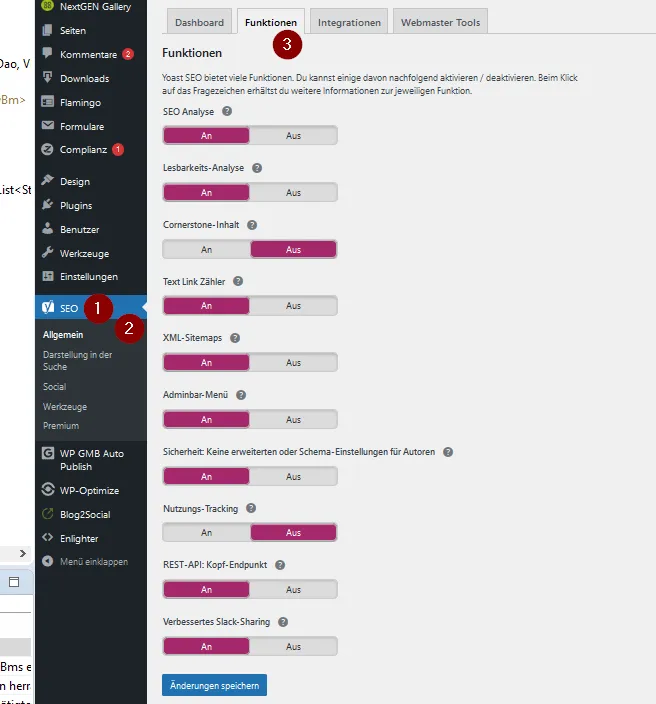 Funktionen aktivieren in YOAST SEO