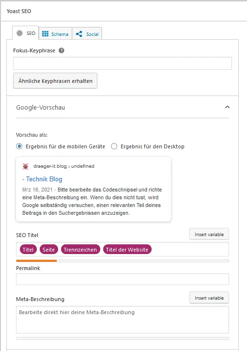 WordPress Plugin - YOAST SEO - Meta Box
