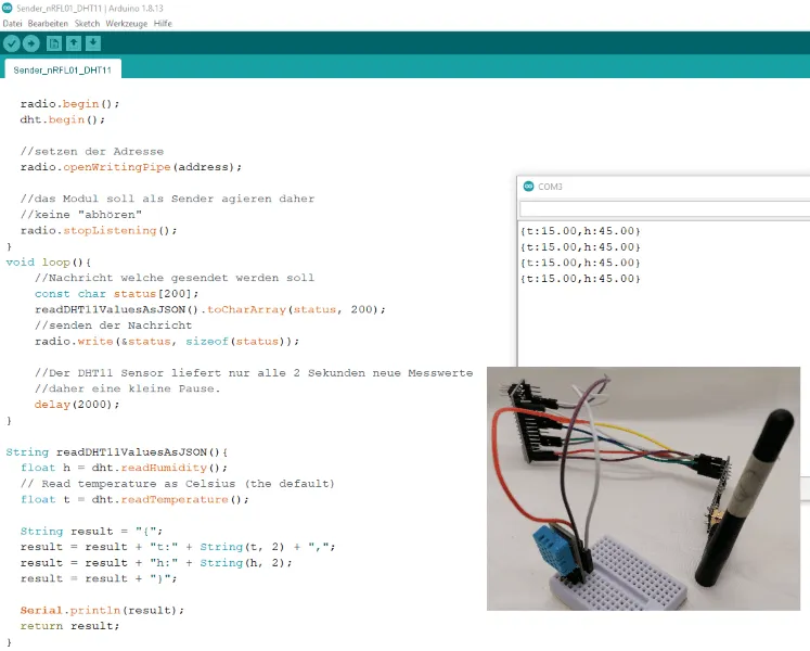Sketch in der Arduino IDE zum senden der Daten des DHT11 Sensors mit dem nRF24L01