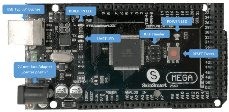 Anschlüsse, LEDs & Taster am Arduino Mega 2560 R3