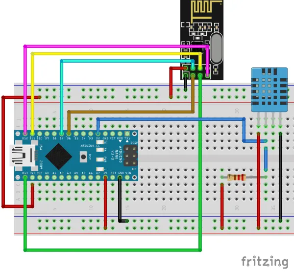 Schaltung - Arduino Nano mit DHT11 Sensor un nRF24L01 Modul Schaltung - Arduino Nano mit DHT11 Sensor un nRF24L01 Modul