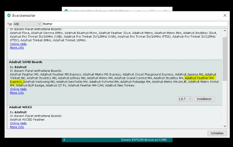 Auswahl des Paketes in dem Boardverwalter für den M4 Express