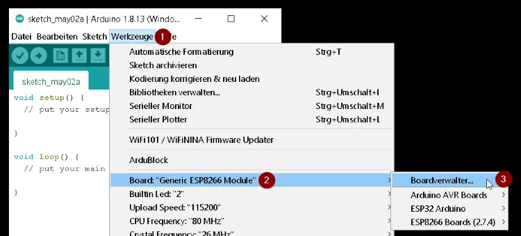 öffnen des Boardverwalters in der Arduino IDE