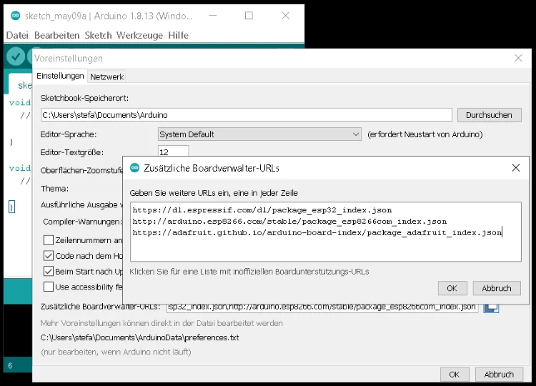 hinzufügen einer zusätzlichen Boardverwalter ULR in der Arduino IDE