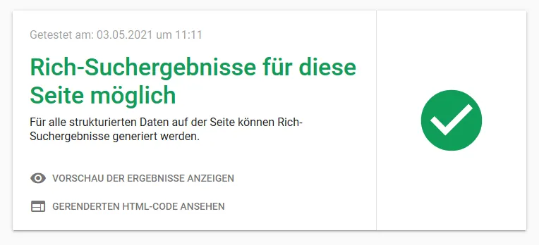 Ergebnis einer Prüfung des Rich Snippets