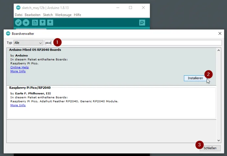 installieren des Boardtreibers für den Raspberry PI Pico installieren des Boardtreibers für den Raspberry PI Pico